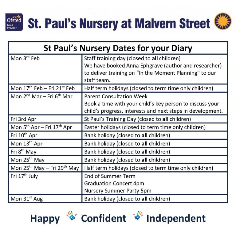 Nursery Diary Dates 2020/21